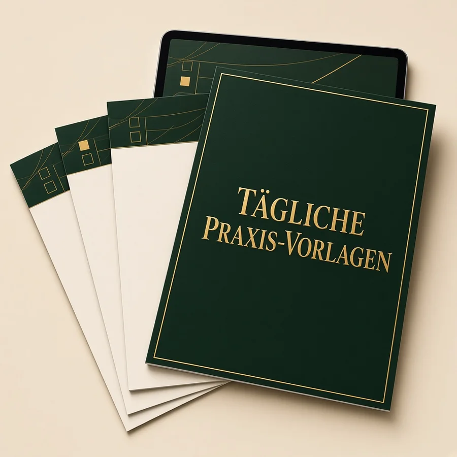 3D-Mockup des Bonus „Tägliche Praxis-Vorlagen“ (digitales PDF, im Arbeitsbuch enthalten)