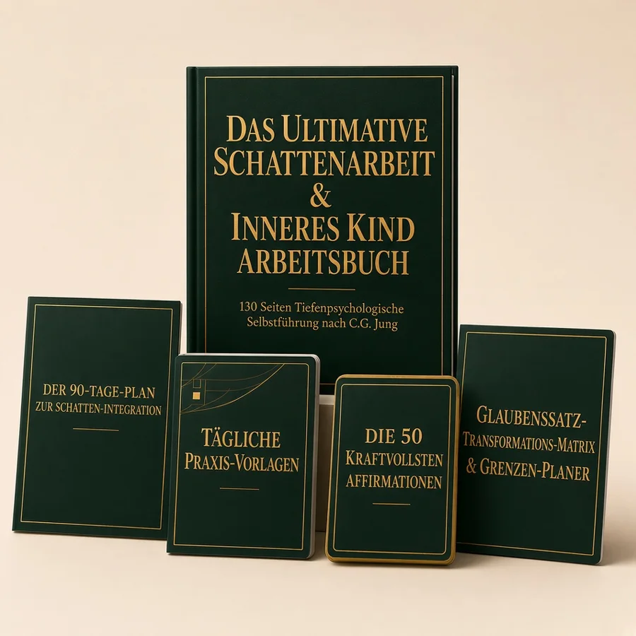 3D-Mockup des gesamten Angebots als digitales PDF: „Das ultimative Schattenarbeit & Inneres Kind Arbeitsbuch“ mit allen vier Boni
